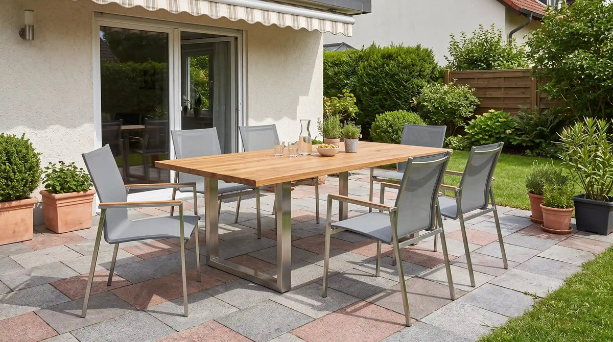 Lounge & Co., Stühle und Tisch in edelstahl und Premium Teak